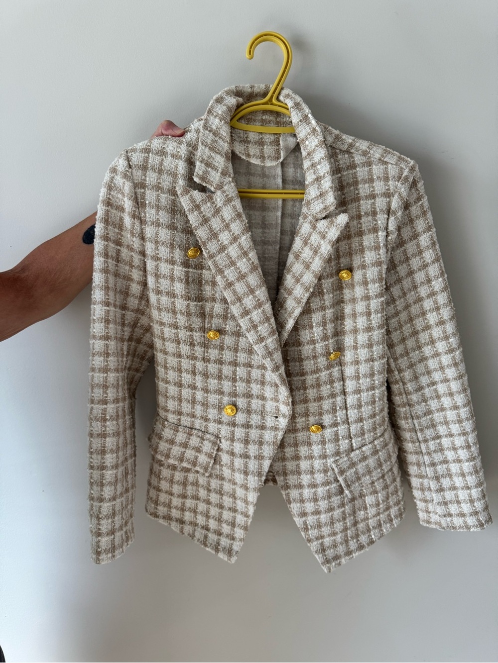 Wool-Blend Beige Plaid Double-Breasted Jacket